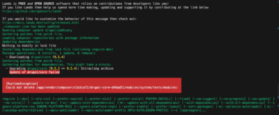 Lando Update of drupal core failed RuntimeException Could not delete /app/vendor/composer/