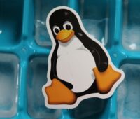 linux tux penguin mascot cutout lying on a tray with ice cubes